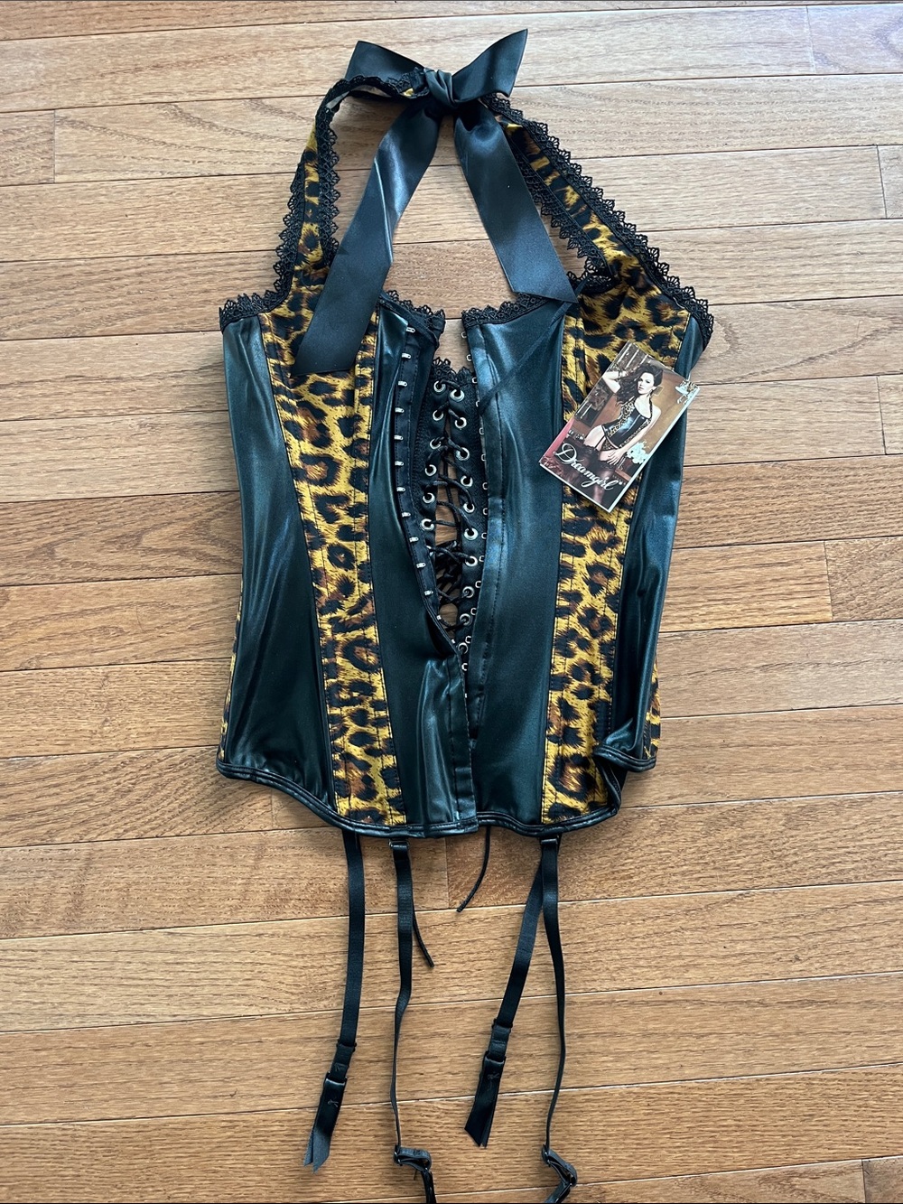Dreamgirl Leopard-Panel Halter Corset Top in Black and Brown with bikini tong